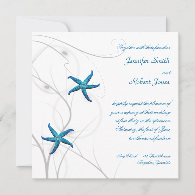 Starfish Azul com Convite para Casamento de Silver (Frente)