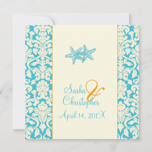 Starfish + damask/aqua Convites para Casamento (Frente)