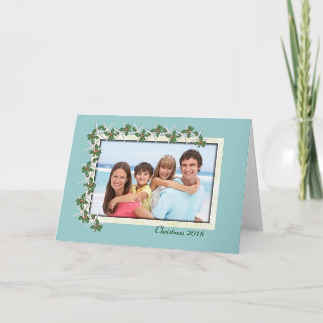 Starfish e Holly Tropical Cartão de Natal (Frente)