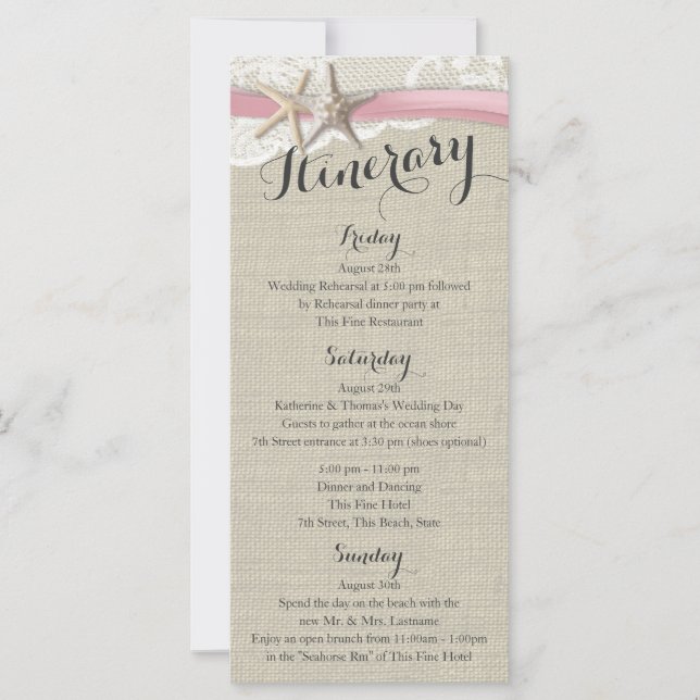 Starfish e Lace Rustic Beach Wedding Itinerário (Frente)