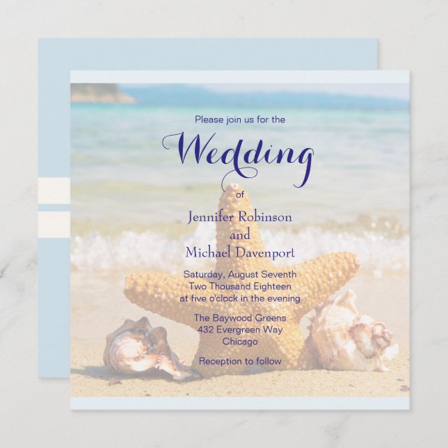 Starfish e Seashells no Convite para Casamento de  (Frente/Verso)