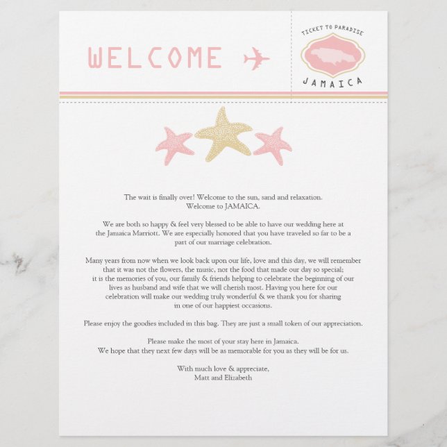 Starfish rosa Dourado Jamaica Wedding Carta Bem-vi (Frente)