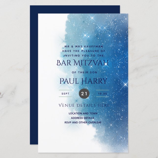 Starry Night Blue Bar Bat Mitzvah Invants (Frente/Verso)