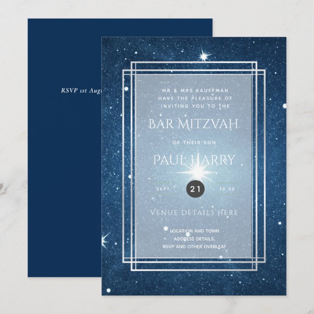 Starry Night Blue Bar Bat Mitzvah Invants (Frente/Verso)