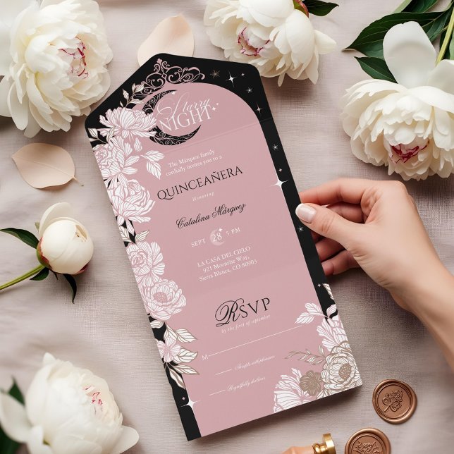 Starry Night Quinceanera Floral Moon Celestial (Starry Night Quinceanera Floral Celestial Moon All In One Invitation)