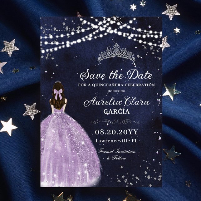 Starry Night Star Purple Quinceañera Salve a Data (starry nights under the stars purple lilac dress princess silver quinceanera sweet 16 save the date )