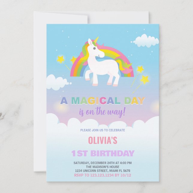 Stars Rainbow Unicorn - Convites de Aniversário (Frente)