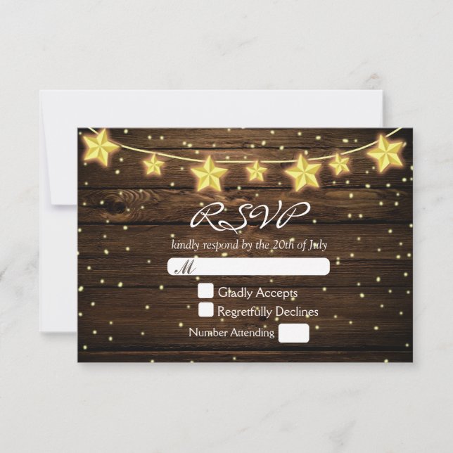 Stars String Luzes Rustic Wood Weding RSVP Card (Frente)