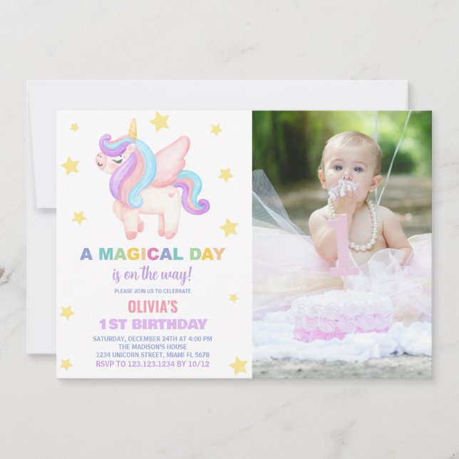 Stars Unicorn Convite de Aniversário com Foto (Frente)