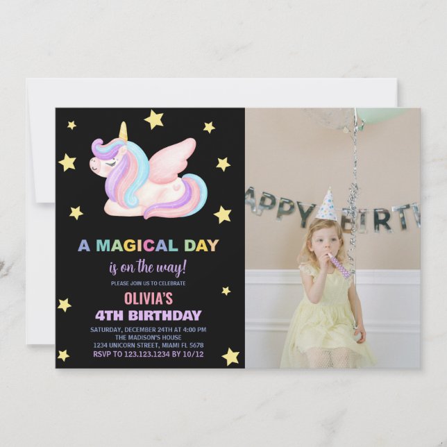 Stars Unicorn Convite de Aniversário com Foto (Frente)