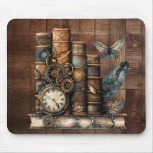 Steampunk Books Wood Background Mousepad