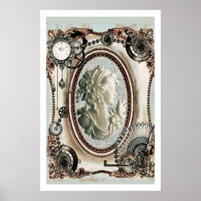 Steampunk Cameo Blue Poster (Frente)