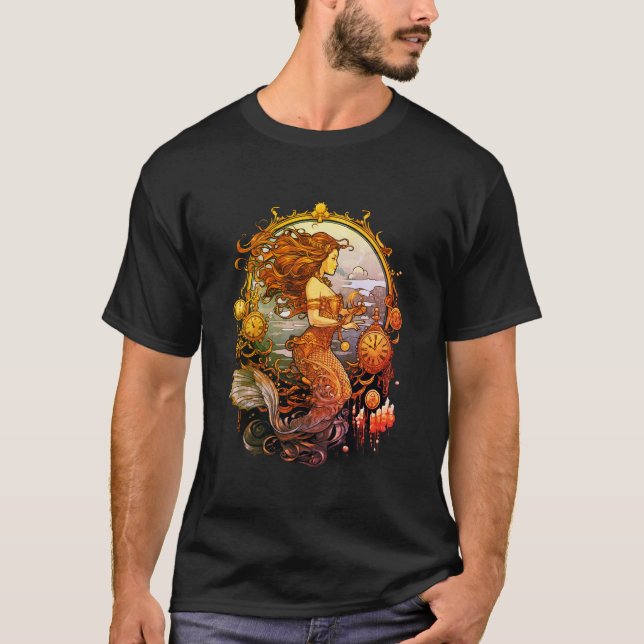 Steampunk Mermaid Image on a Black SS T-Shirt (Frente)