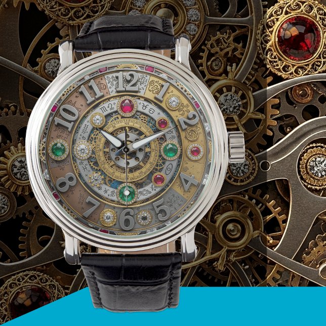 Steampunk, relógio joalhado, zodíaco, gemas, vinta (Steampunk Jeweled Watch)