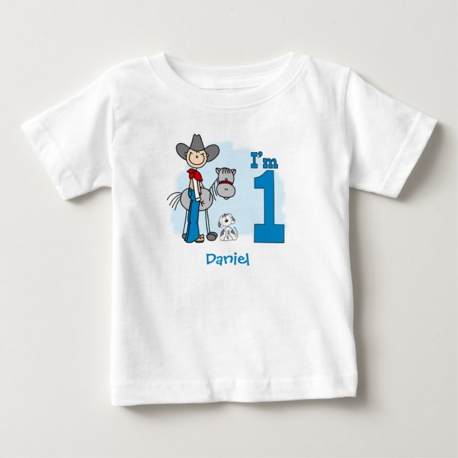 Stick Cowboy primeiro aniversario Baby T-Shirt (Frente)