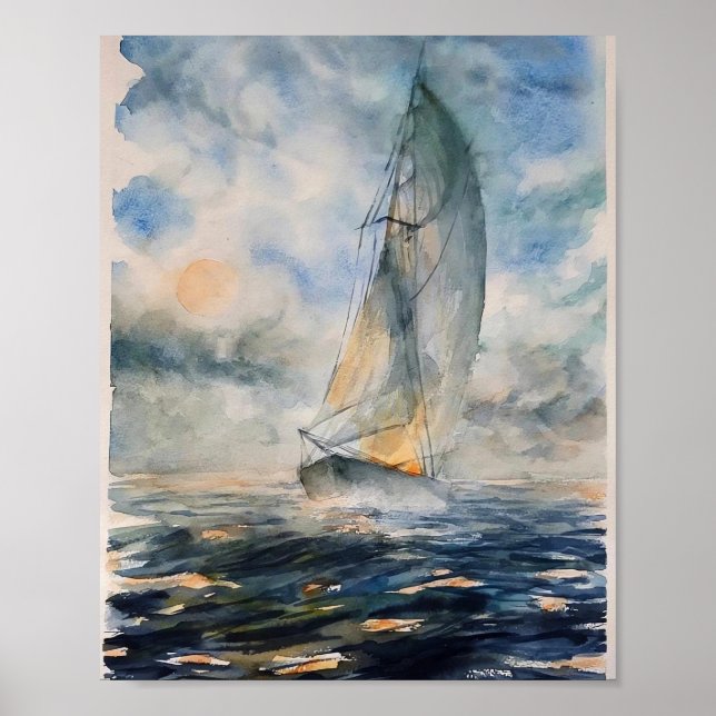 Stormy Seas Sailboat Watercolor Art Poster (Frente)