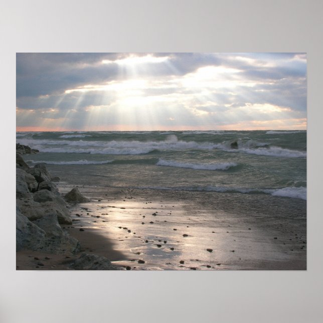 Stormy Sunset sobre o lago Michigan Poster (Frente)