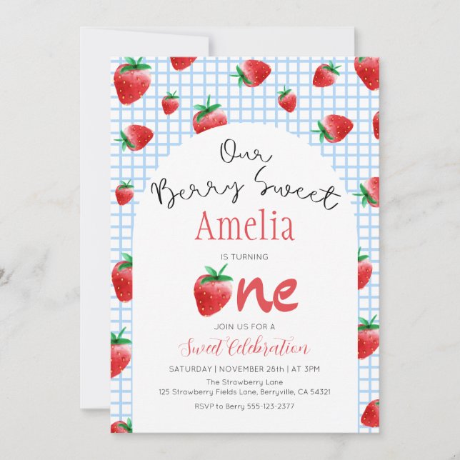 Strawberry Berry Sweet Primeiro Convite de Anivers (Frente)