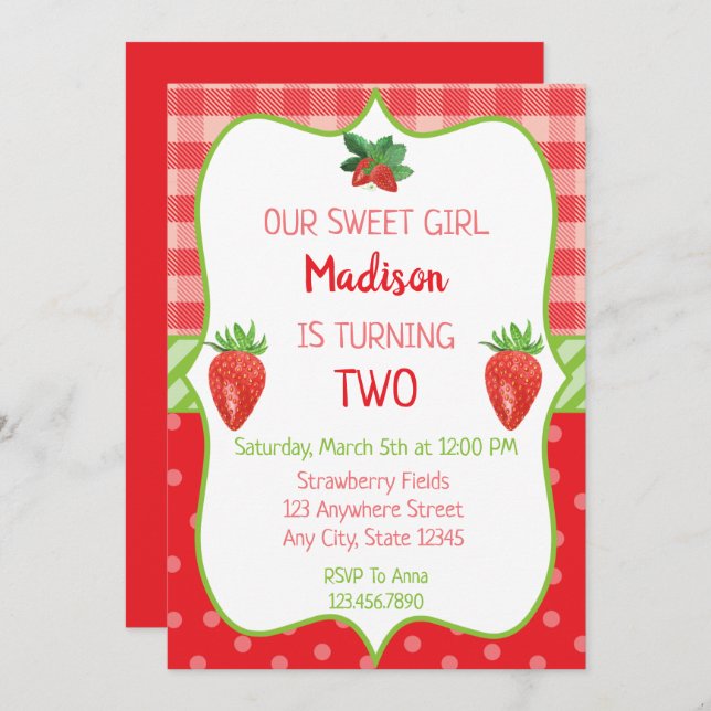 Strawberry Birthday Convite Berry Sweet Party (Frente/Verso)