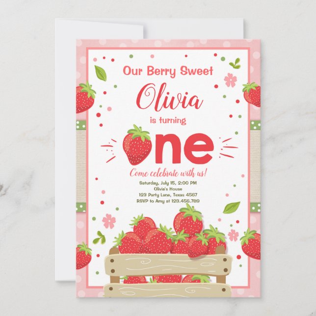 Strawberry First Birthday Convite à Fruta de Verão (Frente)
