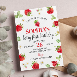Strawberry First Birthday Convite Berry Sweet