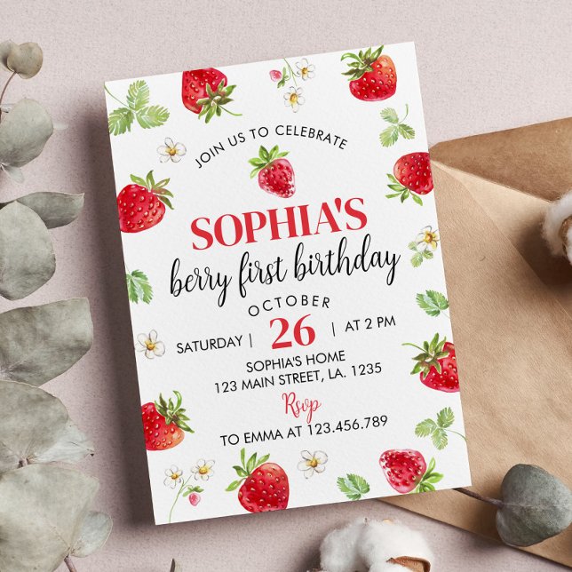 Strawberry First Birthday Convite Berry Sweet (Criador carregado)