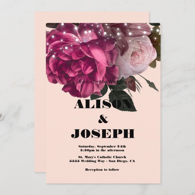 String Lights Burgundy Flowers Convite De Casament (Frente/Verso)