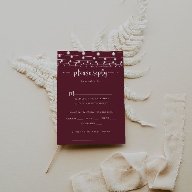 String Lights Burgundy Wedding Menu Choice RSVP (Criador carregado)