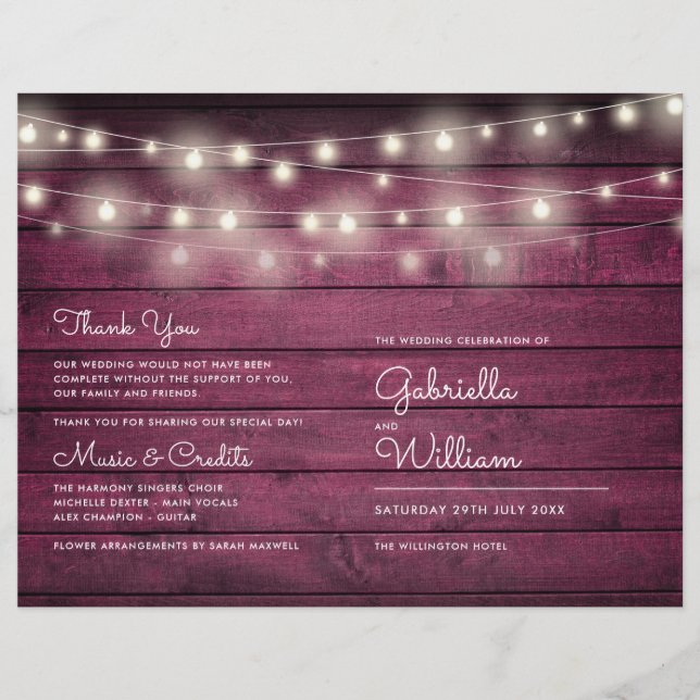 String Lights Rustic Red Wood Wedment Program (Frente)