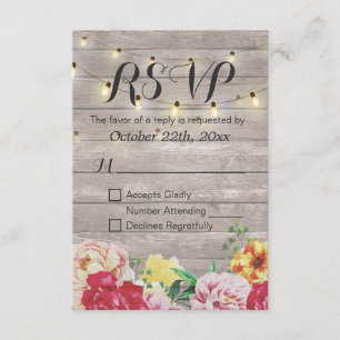 String Lights Rustic Wood Floral Weding RSVP Card