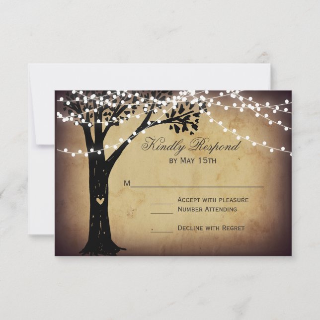 String of Lights Rustic Oak Tree Wedding RSVP Card (Frente)