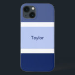 Stripes Náuticas Personalizadas Azul e Branco<br><div class="desc">Vocês vão adorar esta capa de telefone náutica na moda com uma faixa azul e branca. Vários tons de grandes listras azuis mais pequenas listras brancas. Personalizado com seu nome impresso em um texto azul.</div>