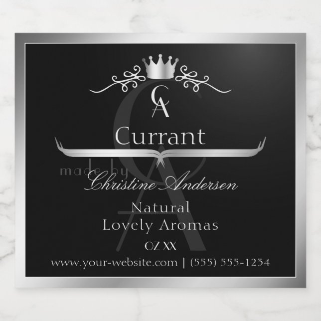 Stylish Black Product Label Silver Frame Monogram (Rótulo Único)