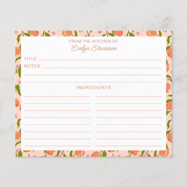 Stylish Peach Fruit Botanical Cute Recipe Card (Frente)