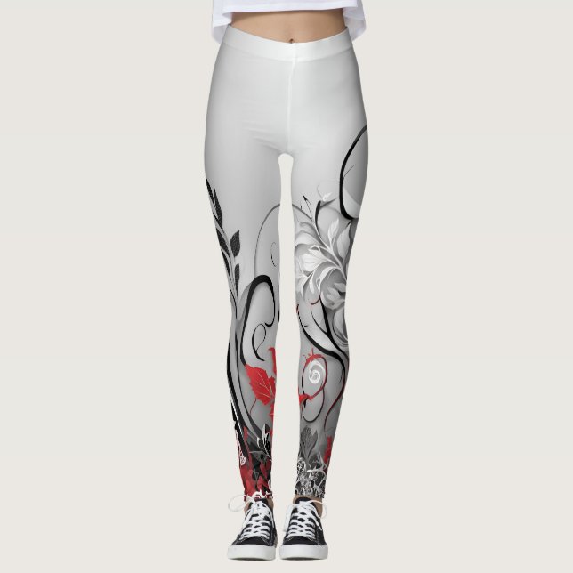 Stylish Red Black and Grey Leaf Design Leggings (Frente)