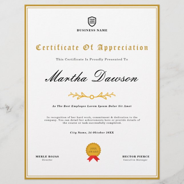 Sua empresa de logotipo | Prêmio de certificados m (Frente)