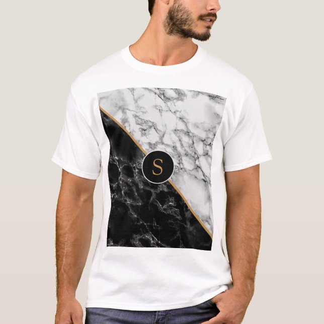 Sua Letra T-Shirt Gift Black White Marble (Frente)