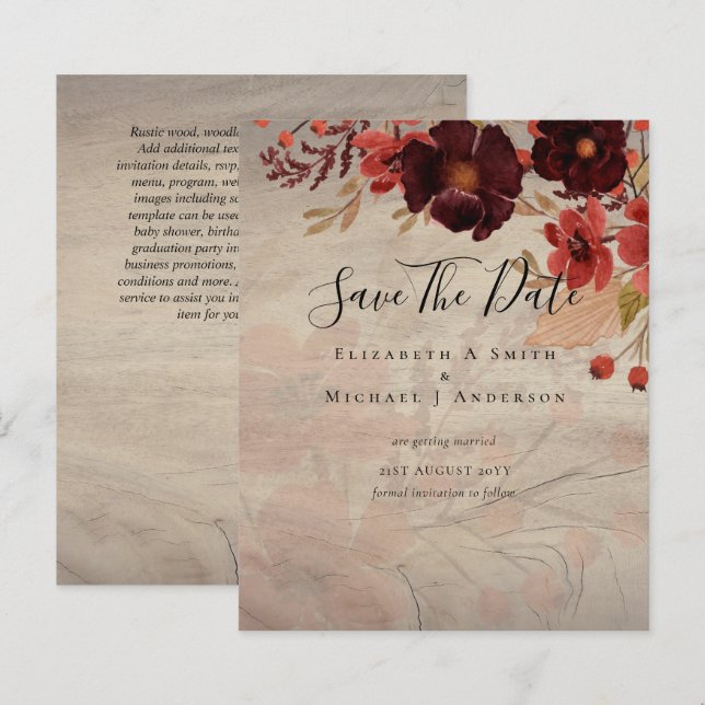 Sublime Burgundy Floral Wedding SAVE DATAS Orçamen (Frente/Verso)
