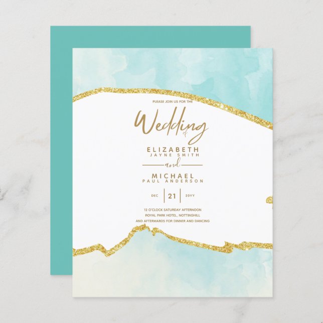 Sublime Ocean Aqua Blue Dourado Casamentos Convite (Frente/Verso)