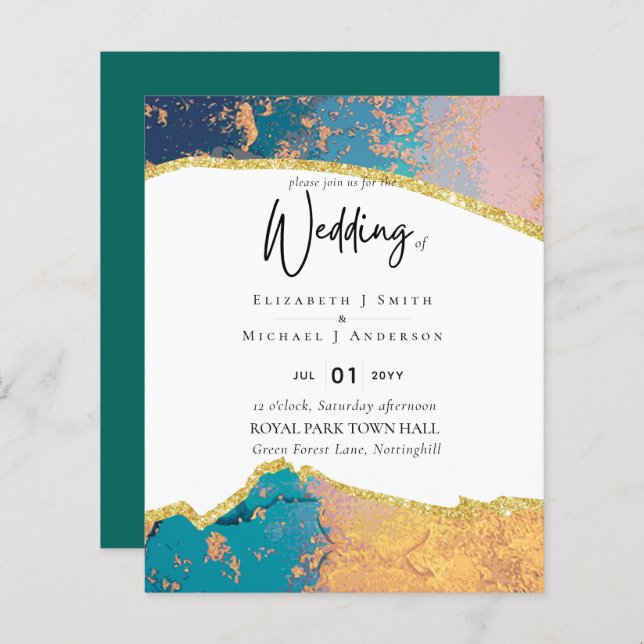 Sublime TEAL DOURADO Estilo de Agato Convites de C (Frente/Verso)