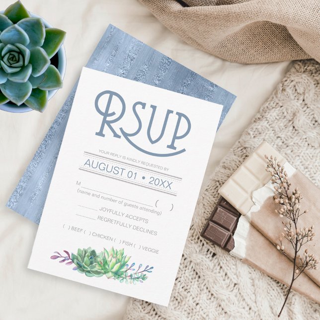 Succulents and Sparkle Wedding RSVP Blue ID515 (Criador carregado)