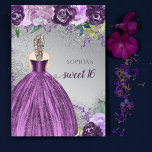 Suco Roxo 16 Suave Convocação<br><div class="desc">Glitter Orçamental Prateado Roxo Vestido Roxo Doce 16 Convite Aniversário. Cabelo Louro de Pele Justa</div>