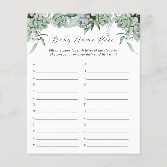 Suculente e Eucalyptus Greenery Nome do Bebê Raça (Frente)