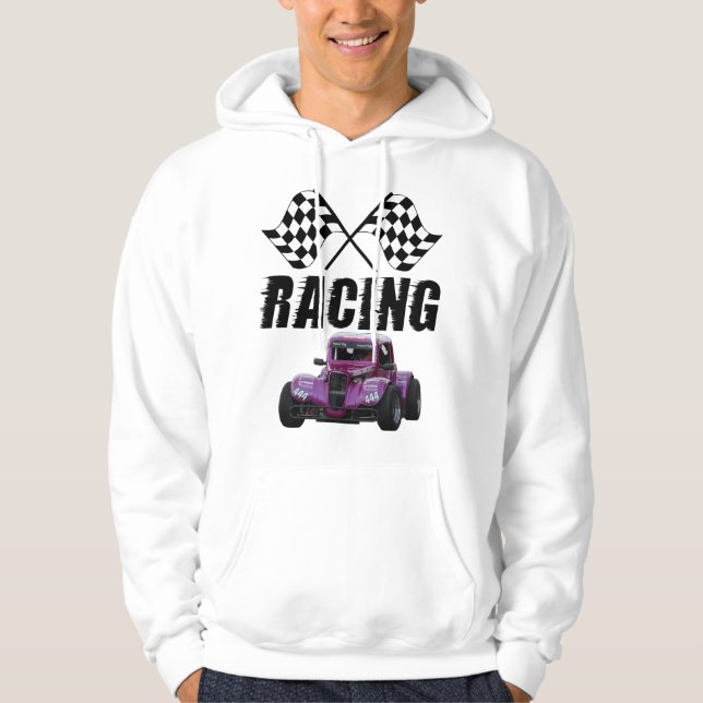 Suéter Con Capucha Racing Coche Morado y Banderas  (Frente)
