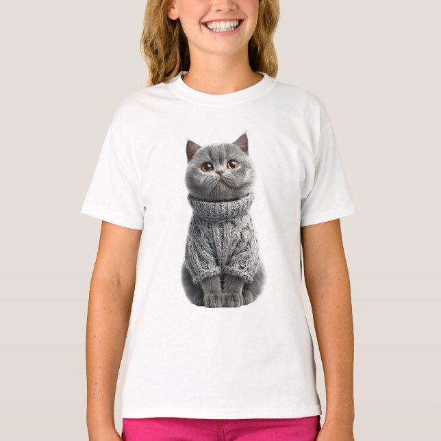 Suéter de Malha Gato Cinza Azul Crianças (Frente)