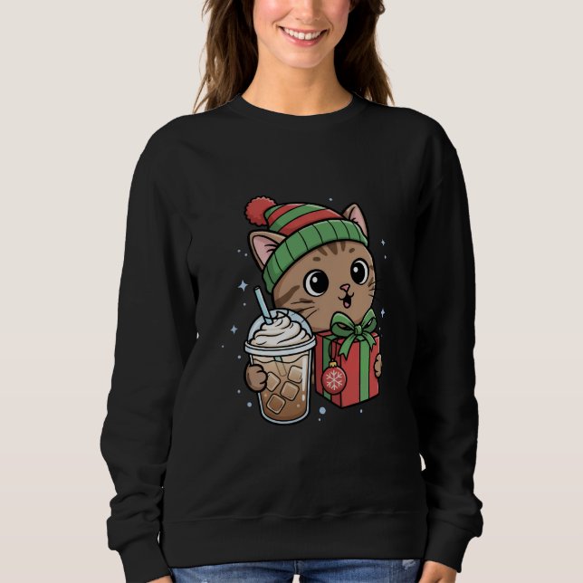 Suéter de Natal com Café Gelado e Gato Personaliza (Frente)