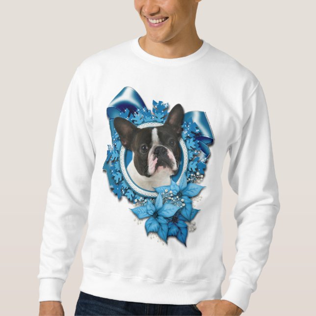 Suéter Natal - flocos de neve azuis - Boston Terrier (Frente)