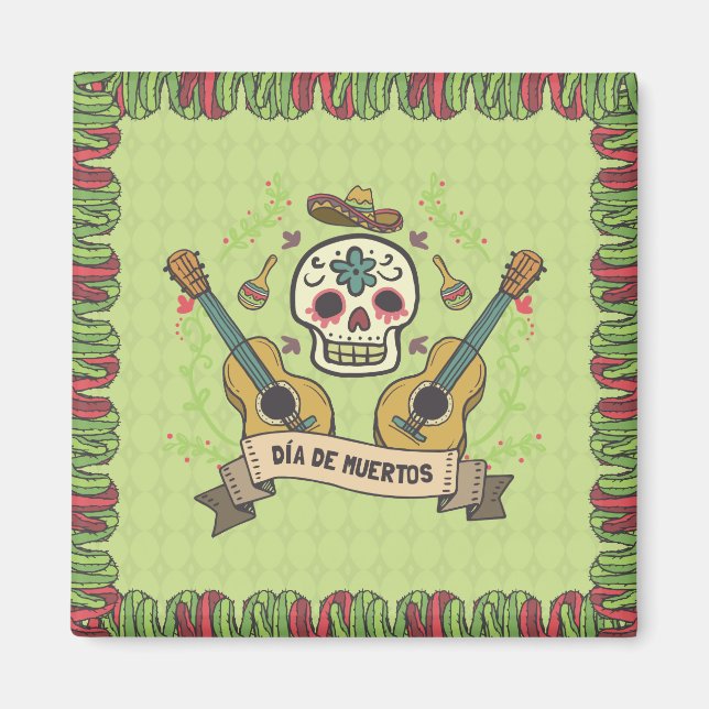 Sugar Skull e Guitars Dia de Muertos | Íman (Frente)