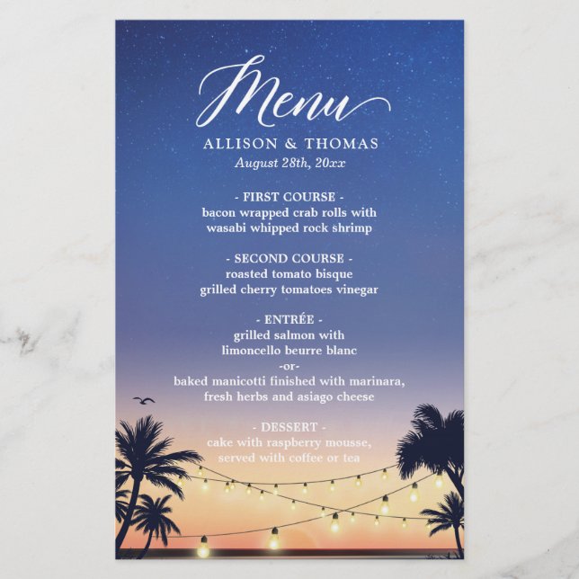 Summer Palm Beach String Light Weding Menu (Frente)