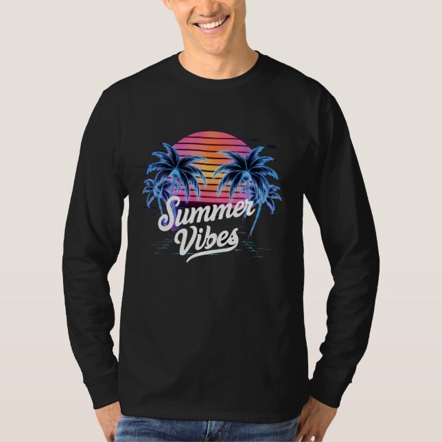 Summer Vibes Synthwave T-Shirt - Neon Palm Tree (Frente)